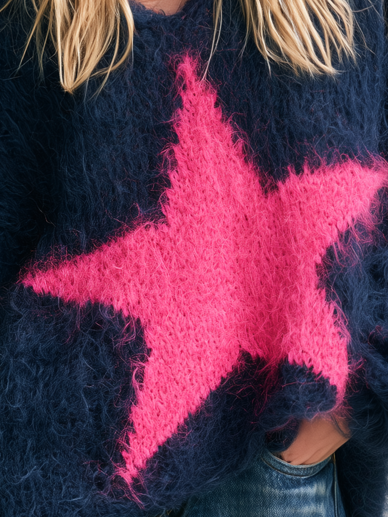 Exquisite And Elegant Western-style Color-block Star Mohair Top
