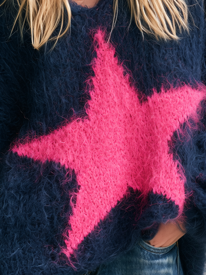 Exquisite And Elegant Western-style Color-block Star Mohair Top