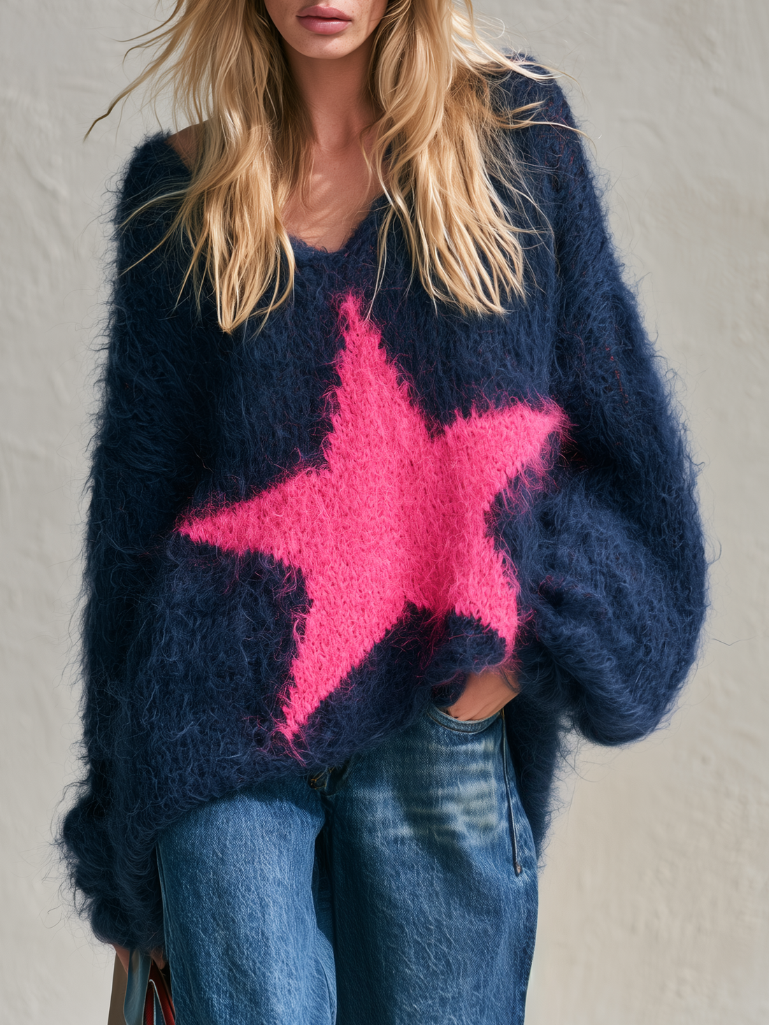 Exquisite And Elegant Western-style Color-block Star Mohair Top