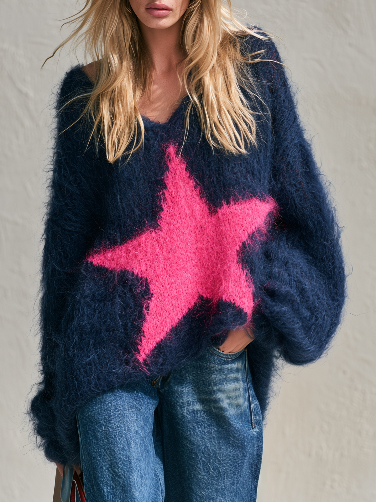Exquisite And Elegant Western-style Color-block Star Mohair Top