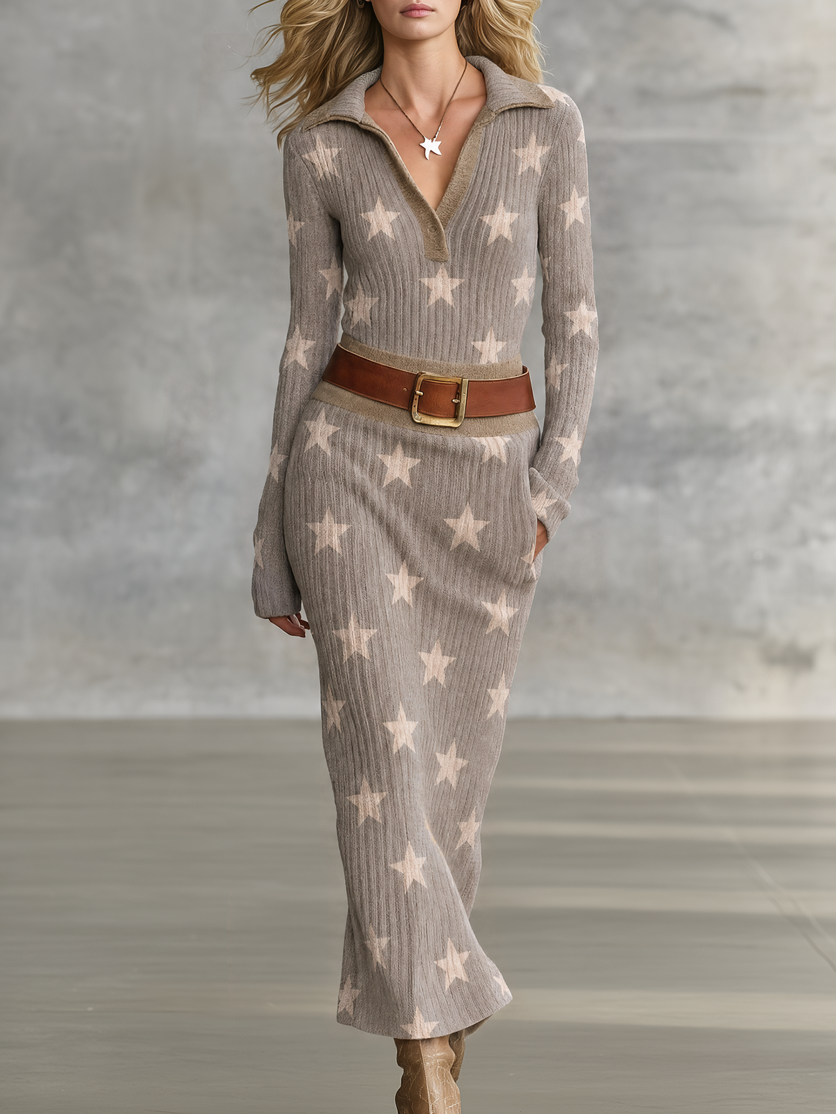 Exquisite And Elegant Western-style Long Knit Dress Featuring A Contrasting-color Star Pattern And A Fold-over Collar