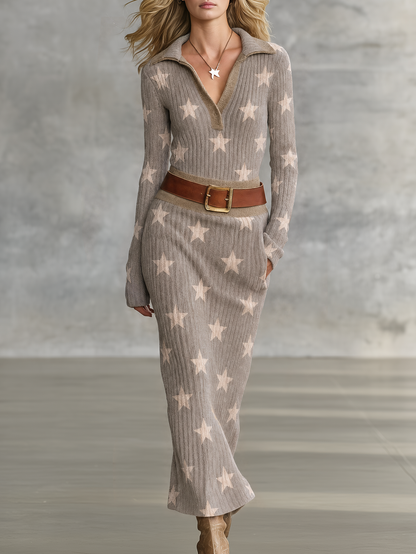 Exquisite And Elegant Western-style Long Knit Dress Featuring A Contrasting-color Star Pattern And A Fold-over Collar