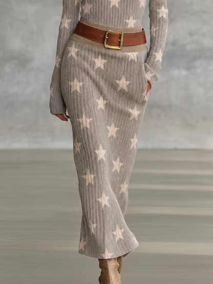 Exquisite And Elegant Western-style Long Knit Dress Featuring A Contrasting-color Star Pattern And A Fold-over Collar