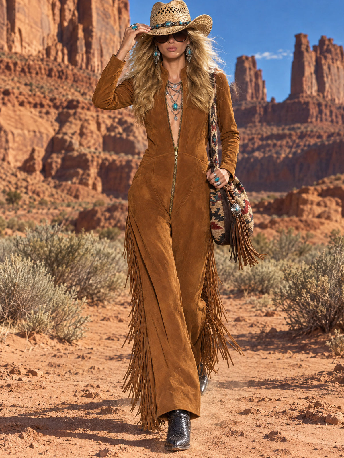 Western Retro Tassel Brown Faux Suede Long-Sleeved Jumpsuit