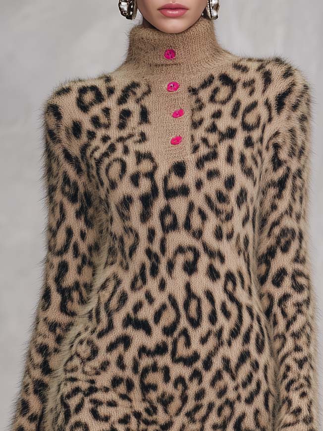 Chic Leopard Print Fuzzy Turtleneck Mini Sweater Dress Women Long Sleeve Bodycon Knit