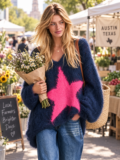 Exquisite And Elegant Western-style Color-block Star Mohair Top