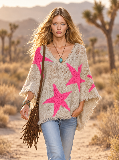 Retro-Elegant Western-Style Color-Block Knit Cape Top