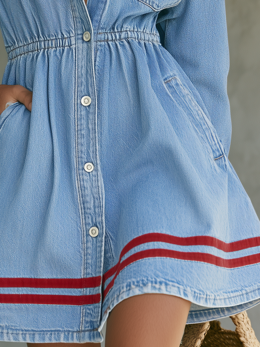 Women’s Denim Shirt Dress With Red Stripe Hem, Button Front And Pockets