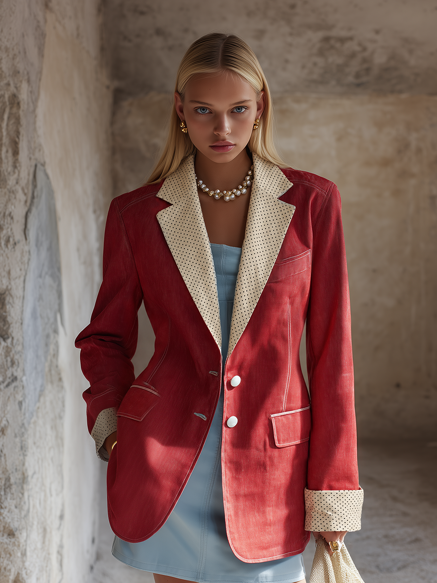 Red Polka Dot Trim Blazer For Women With Contrast Lapels And Cuffs