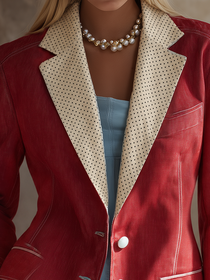 Red Polka Dot Trim Blazer For Women With Contrast Lapels And Cuffs