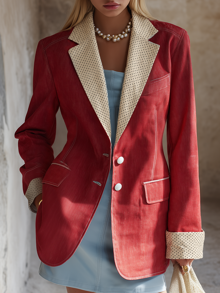Red Polka Dot Trim Blazer For Women With Contrast Lapels And Cuffs