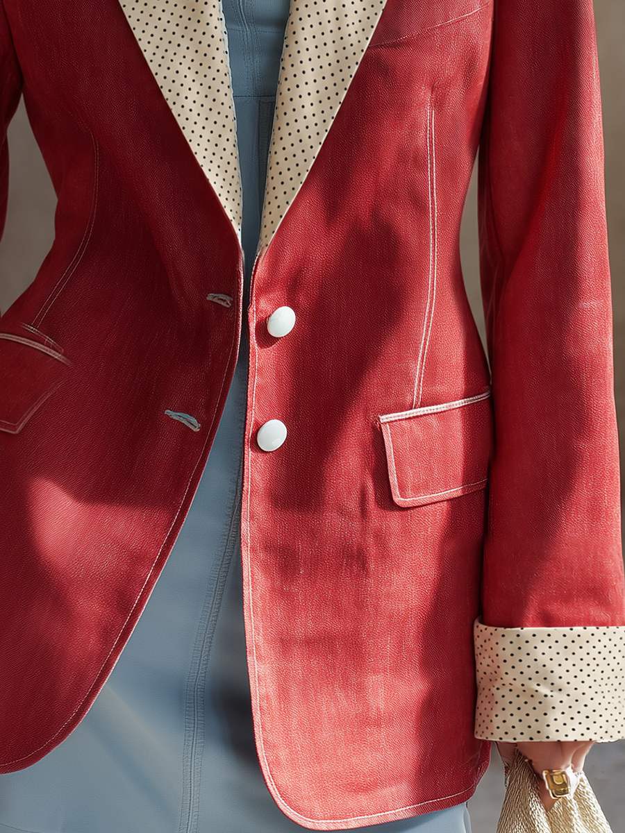 Red Polka Dot Trim Blazer For Women With Contrast Lapels And Cuffs