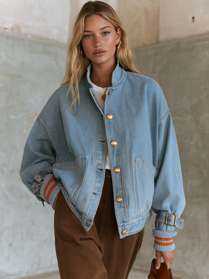 Oversized Denim Jacket For Women With Gold Buttons And Striped Ribbed Cuffs