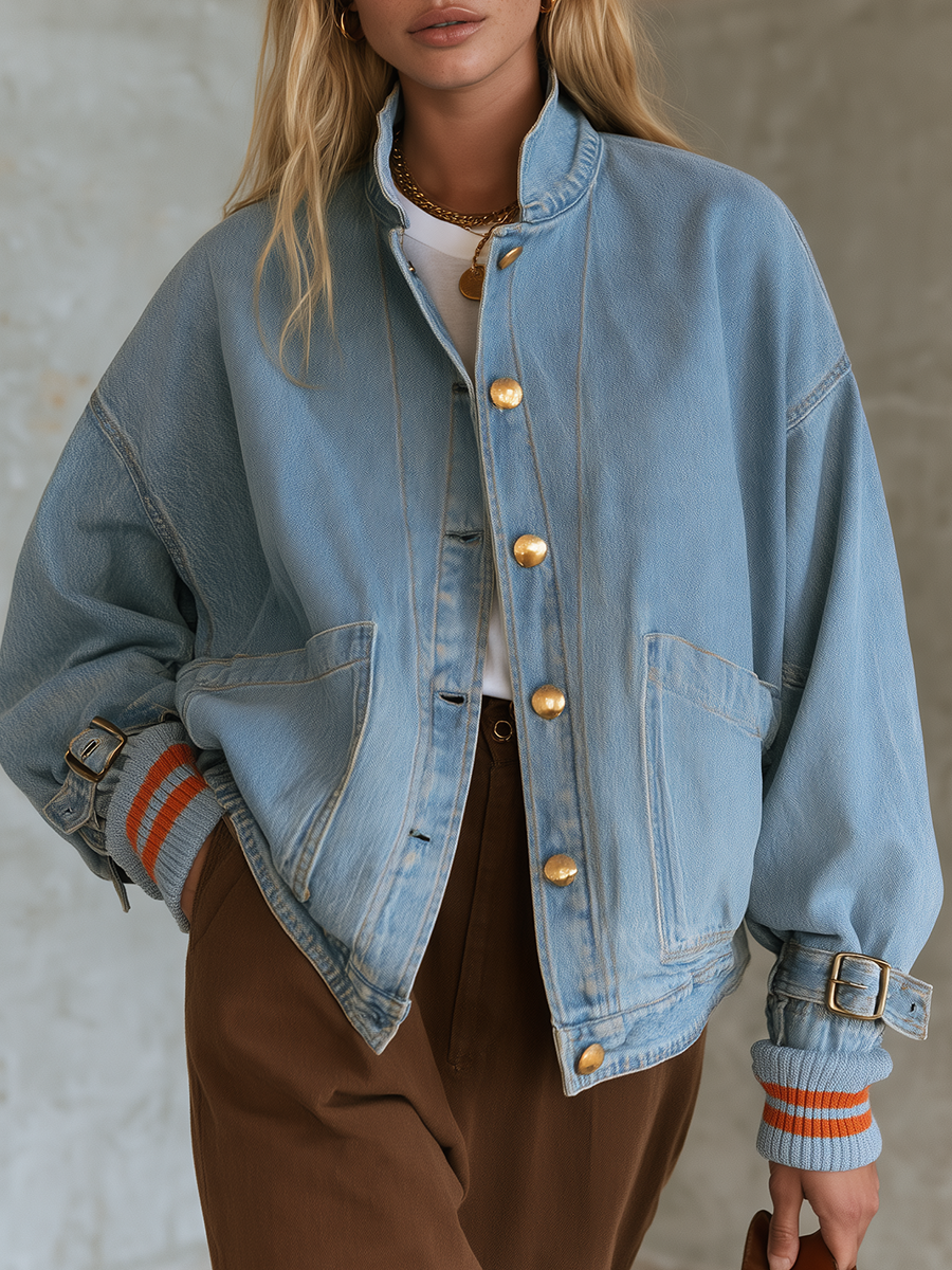 Oversized Denim Jacket For Women With Gold Buttons And Striped Ribbed Cuffs