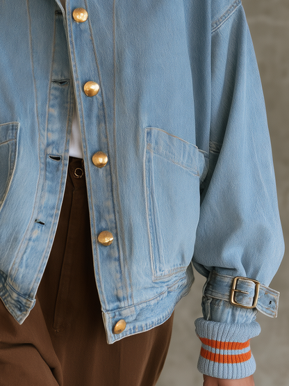 Oversized Denim Jacket For Women With Gold Buttons And Striped Ribbed Cuffs