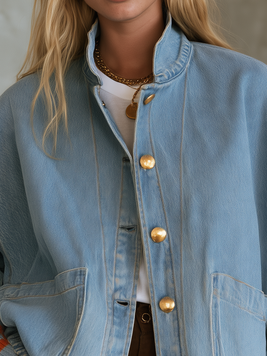 Oversized Denim Jacket For Women With Gold Buttons And Striped Ribbed Cuffs