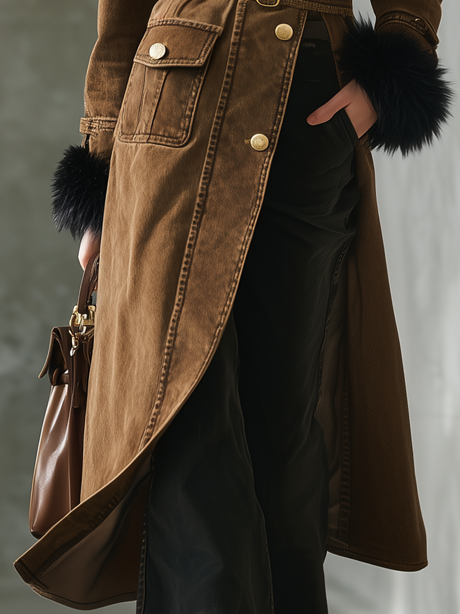 Women’s Khaki Military Jacket With Belt, Gold Buttons And Fur Cuffs