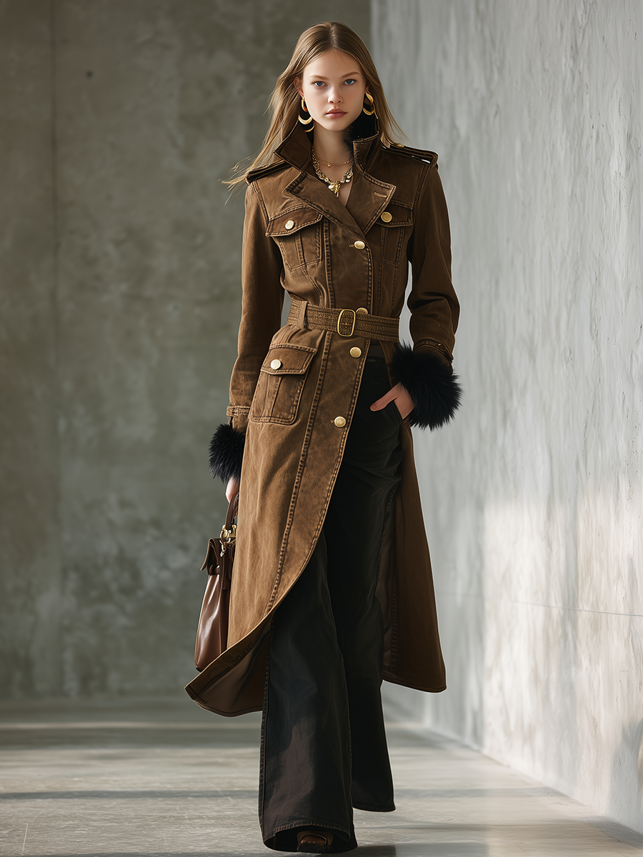 Women’s Khaki Military Jacket With Belt, Gold Buttons And Fur Cuffs