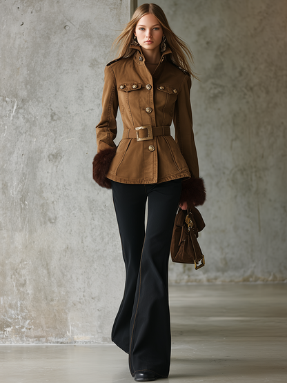 Women’s Khaki Military Jacket With Belt, Gold Buttons And Fur Cuffs