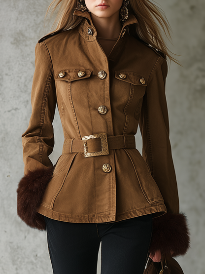 Women’s Khaki Military Jacket With Belt, Gold Buttons And Fur Cuffs