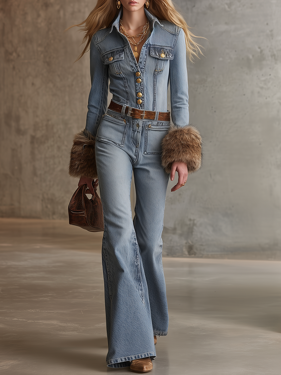 Women’s Denim Jumpsuit With Wide Leg, Gold Buttons And Flared Jeans