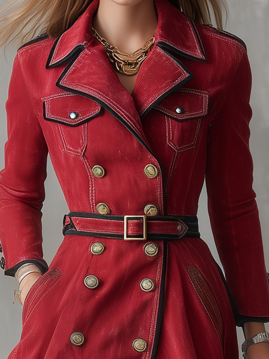 Women’s Red Double Breasted Trench Dress With Belt And Military Details