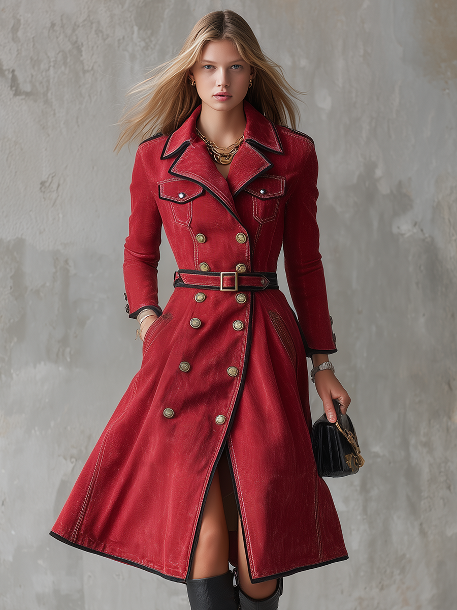 Women’s Red Double Breasted Trench Dress With Belt And Military Details