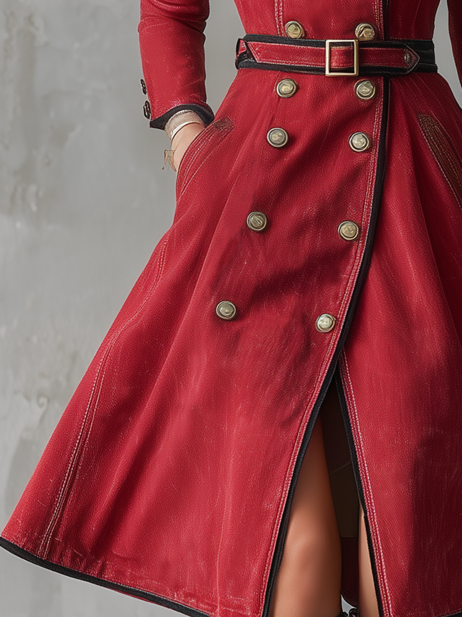 Women’s Red Double Breasted Trench Dress With Belt And Military Details