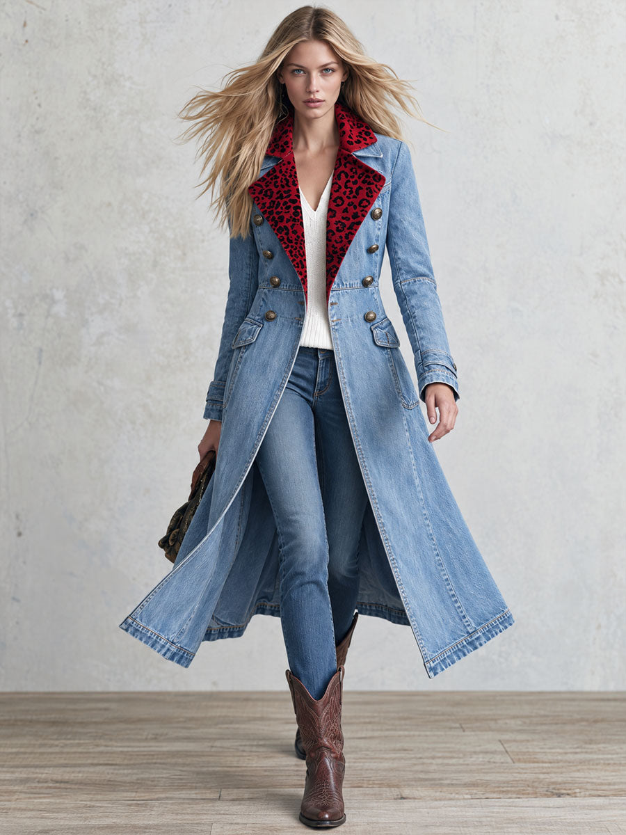 Retro Western Red Leopard-Collar Double-Breasted Denim Long Trench Coat