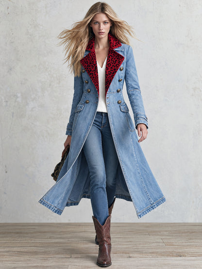 Retro Western Red Leopard-Collar Double-Breasted Denim Long Trench Coat