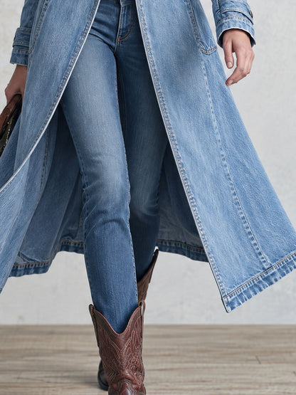 Retro Western Red Leopard-Collar Double-Breasted Denim Long Trench Coat