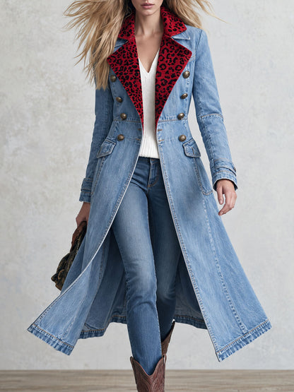 Retro Western Red Leopard-Collar Double-Breasted Denim Long Trench Coat