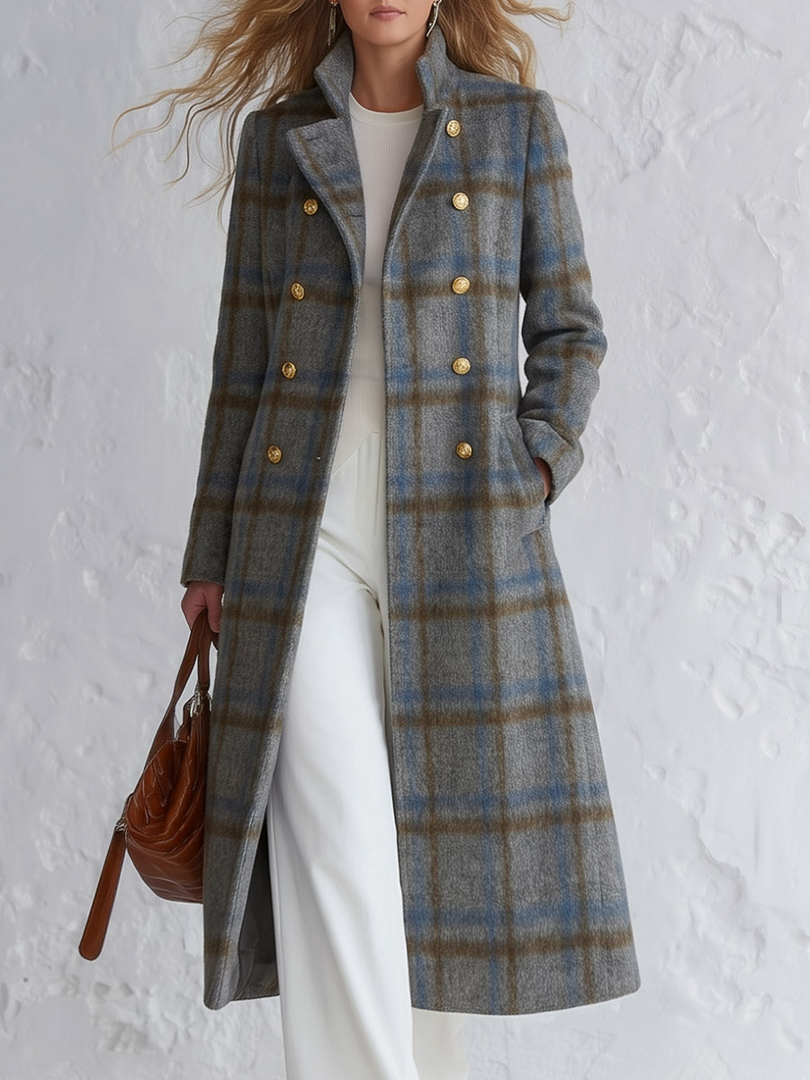 Vintage-style Elegant Blue-grey Plaid Double-breasted Coat