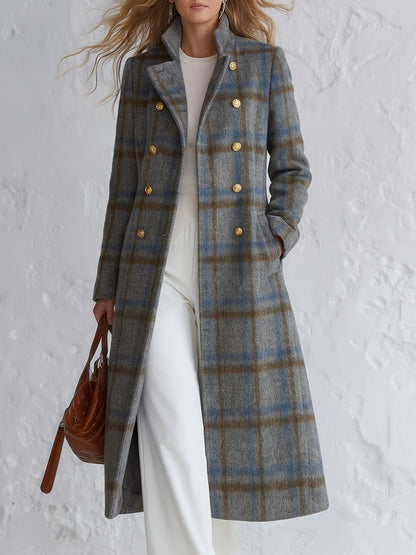 Vintage-style Elegant Blue-grey Plaid Double-breasted Coat