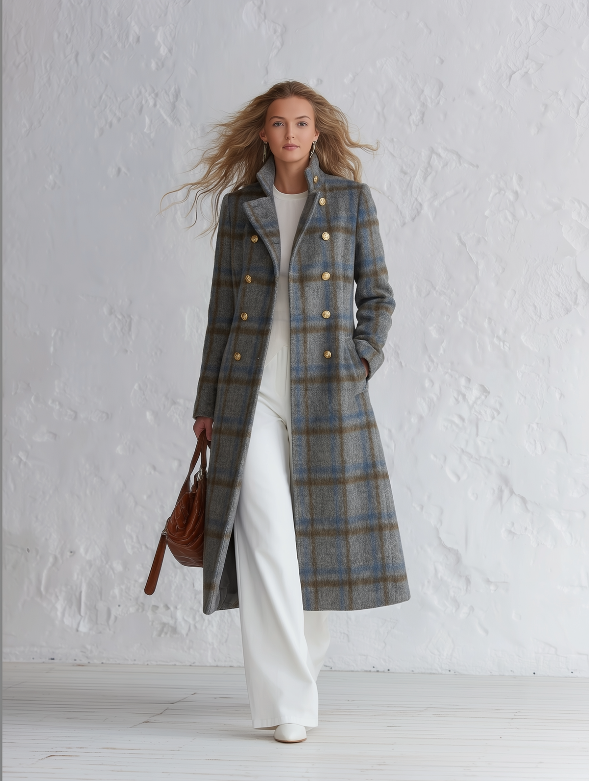 Vintage-style Elegant Blue-grey Plaid Double-breasted Coat