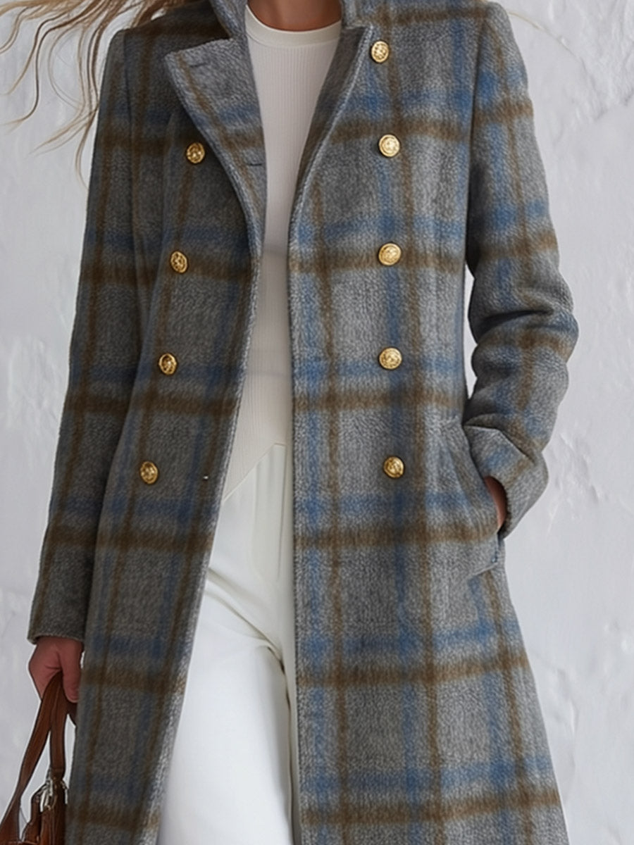 Vintage-style Elegant Blue-grey Plaid Double-breasted Coat