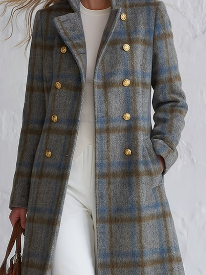 Vintage-style Elegant Blue-grey Plaid Double-breasted Coat