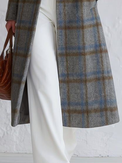 Vintage-style Elegant Blue-grey Plaid Double-breasted Coat
