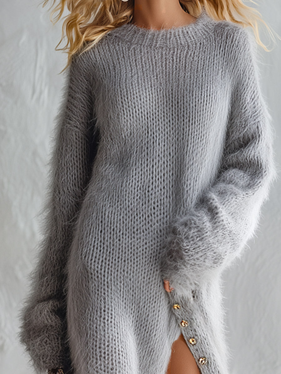 Soft and Cozy Side-slit Long-haired Grey Knit Maxi Dress