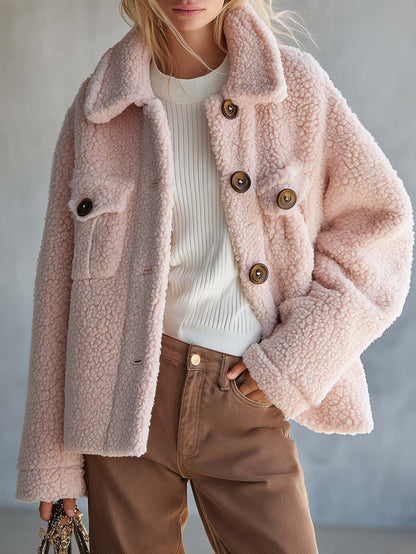 Vintage Cozy Pink Sherpa Fleece Button-Up Teddy Jacket With Flap Pockets