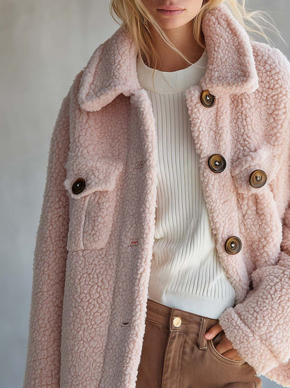 Vintage Cozy Pink Sherpa Fleece Button-Up Teddy Jacket With Flap Pockets