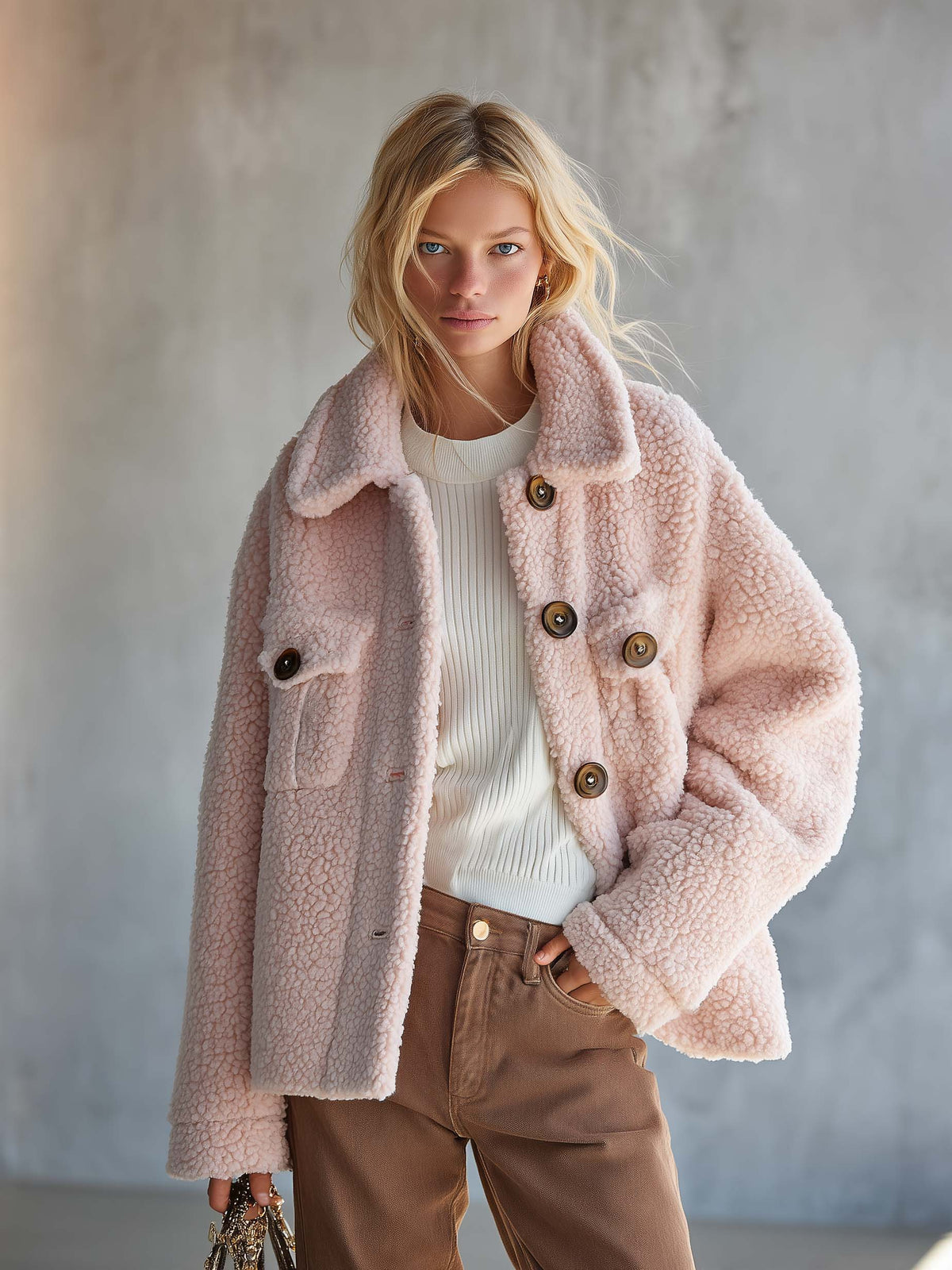 Vintage Cozy Pink Sherpa Fleece Button-Up Teddy Jacket With Flap Pockets