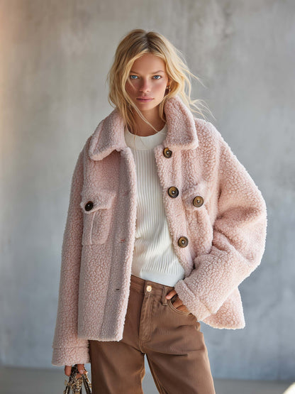 Vintage Cozy Pink Sherpa Fleece Button-Up Teddy Jacket With Flap Pockets