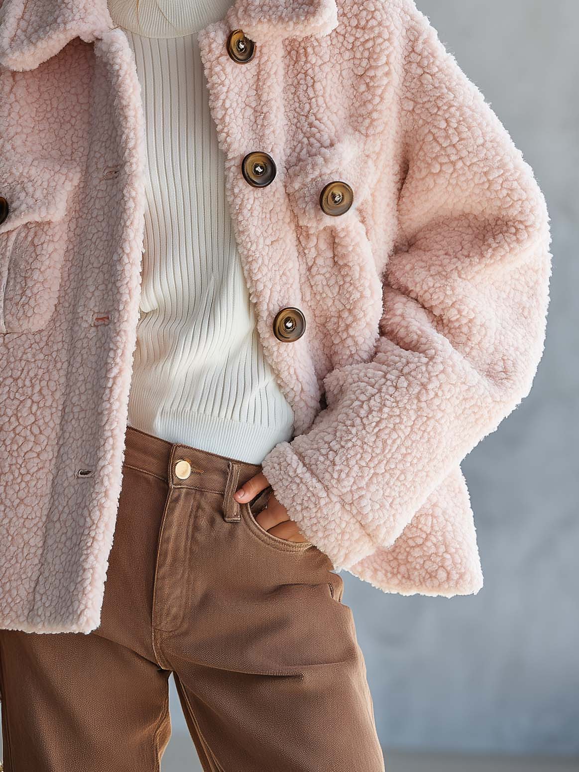 Vintage Cozy Pink Sherpa Fleece Button-Up Teddy Jacket With Flap Pockets