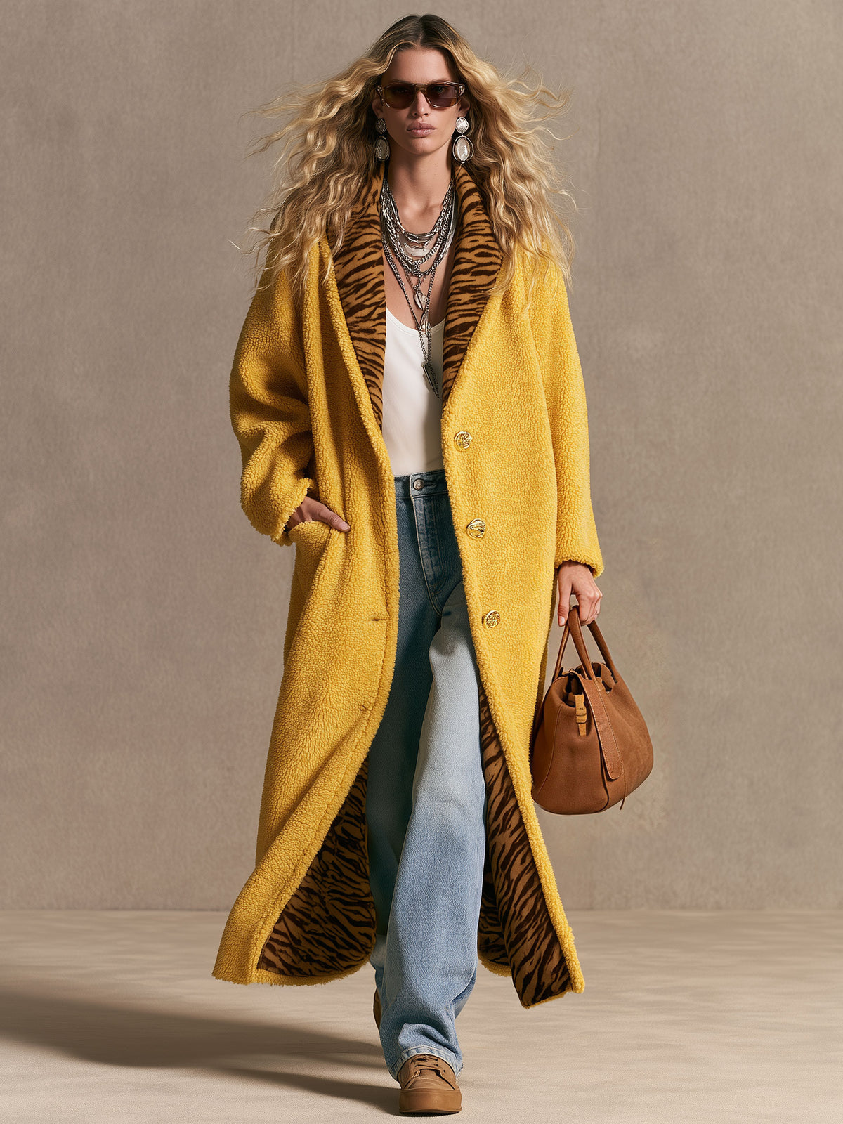 Stylish Retro Zebra Print Yellow Fleece Long Coat