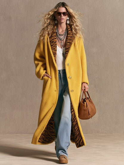 Stylish Retro Zebra Print Yellow Fleece Long Coat