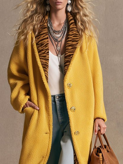 Stylish Retro Zebra Print Yellow Fleece Long Coat