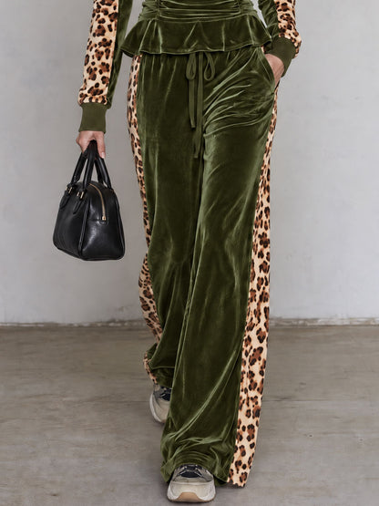 Retro Color-blocked Leopard Print Trim Green Velvet Ruffle Top And Pants Set