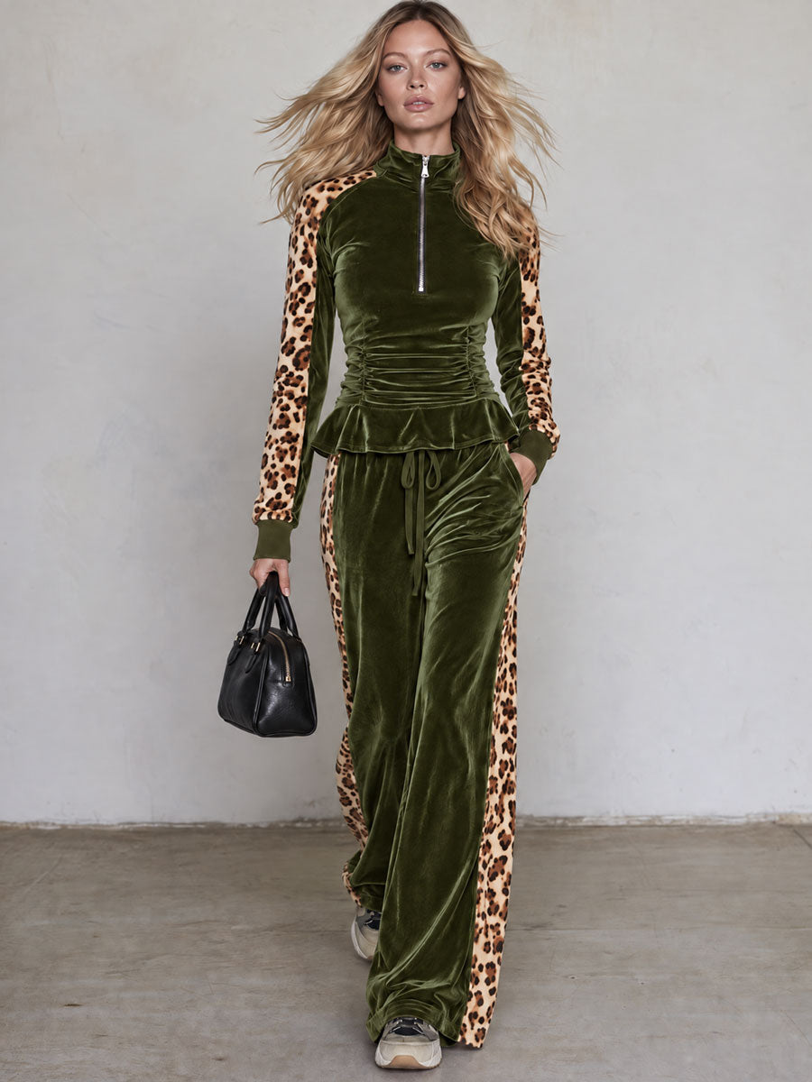 Retro Color-blocked Leopard Print Trim Green Velvet Ruffle Top And Pants Set