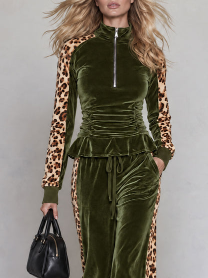 Retro Color-blocked Leopard Print Trim Green Velvet Ruffle Top And Pants Set